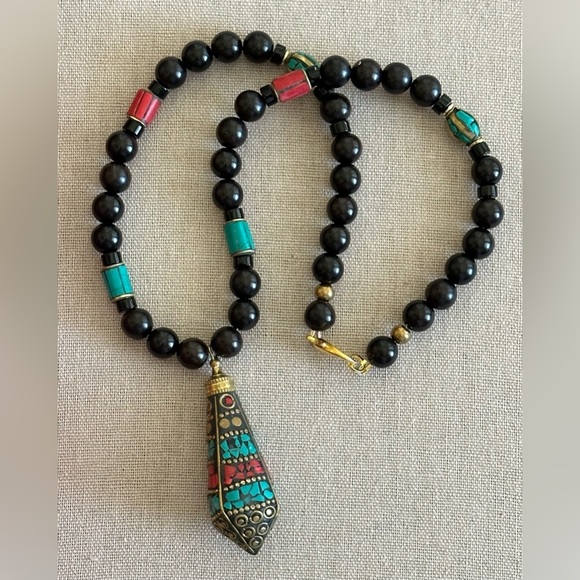 24 inch Tibetan Brass Inlaid bead necklace NWOT - Picture 4 of 13